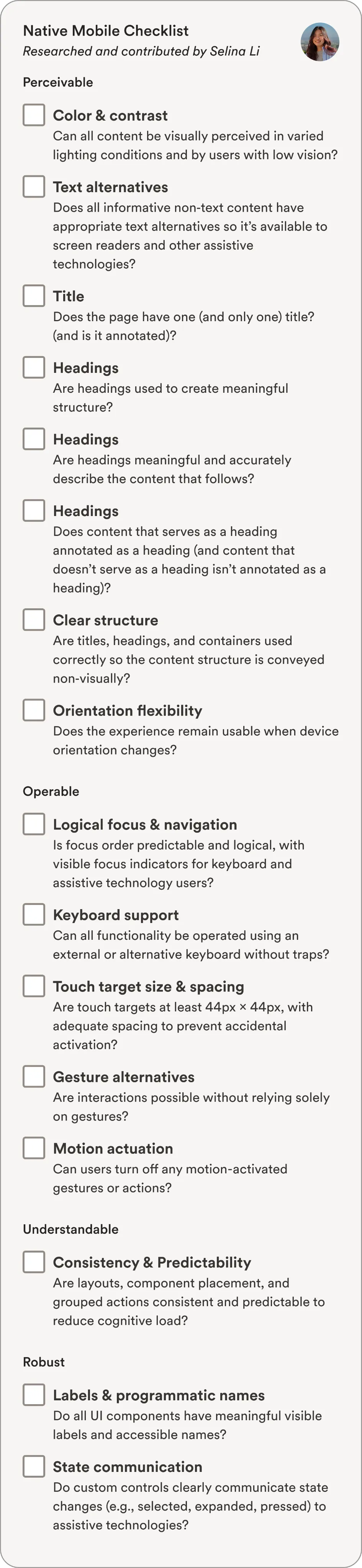 Mobile accessibility checklist organized into perceivable, operable, understandable and robust sections