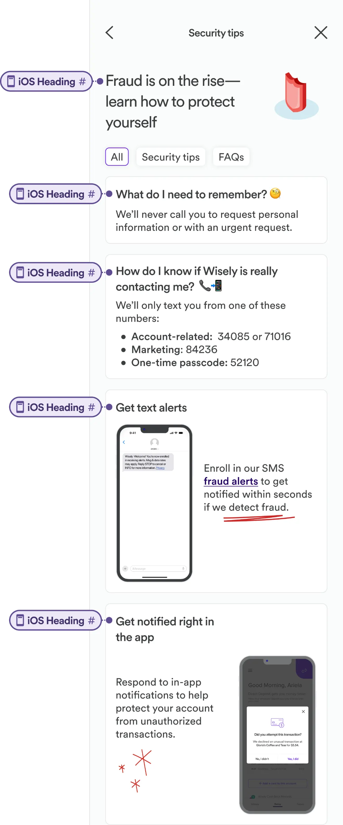 Annotated mobile screens marking headings as navigational landmarks
