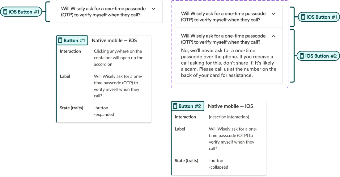 Annotated screens documenting state changes such as toggles and selected tabs