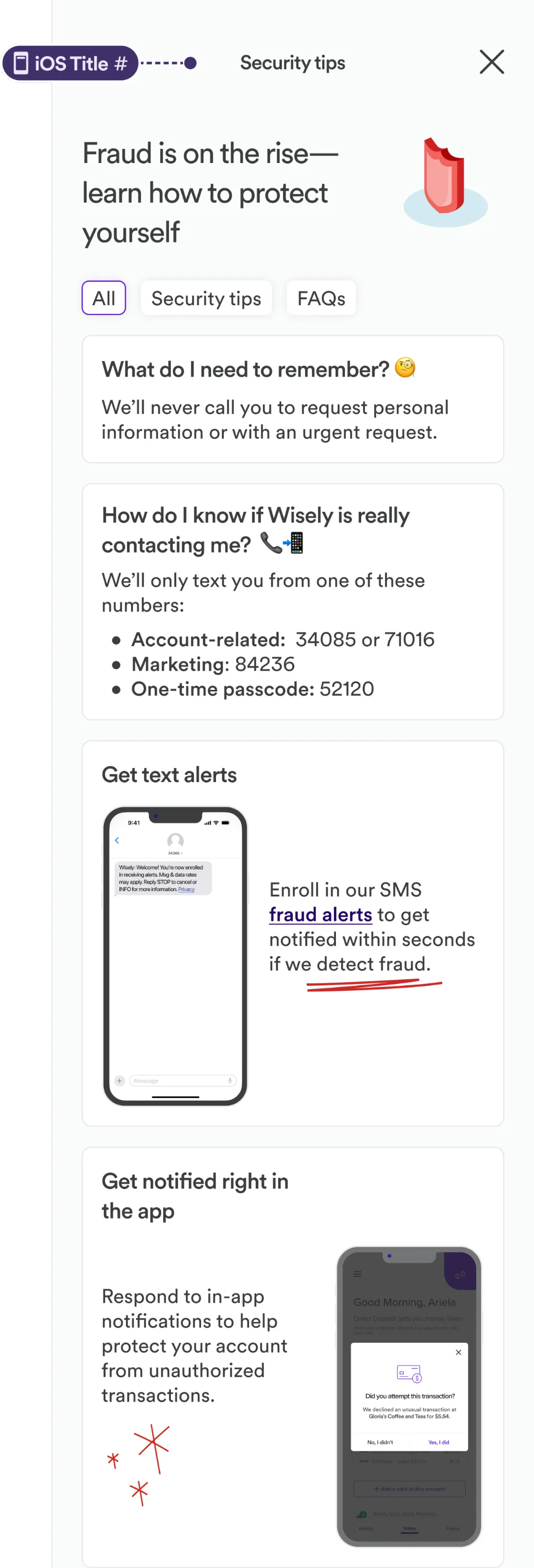 Annotated mobile screens marking dynamic screen titles for screen readers