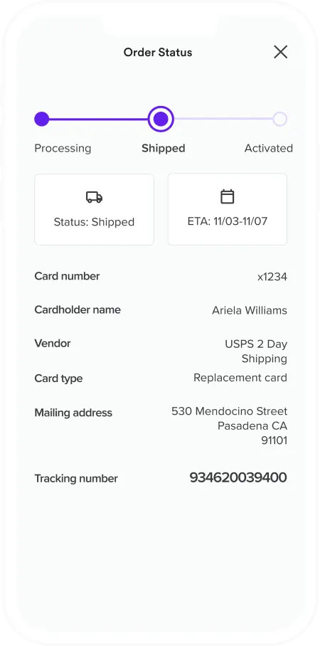 myWisely order status screen with a shipping progress tracker and card details