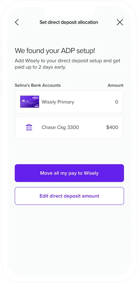 myWisely app screen asking how much pay to deposit to each bank account