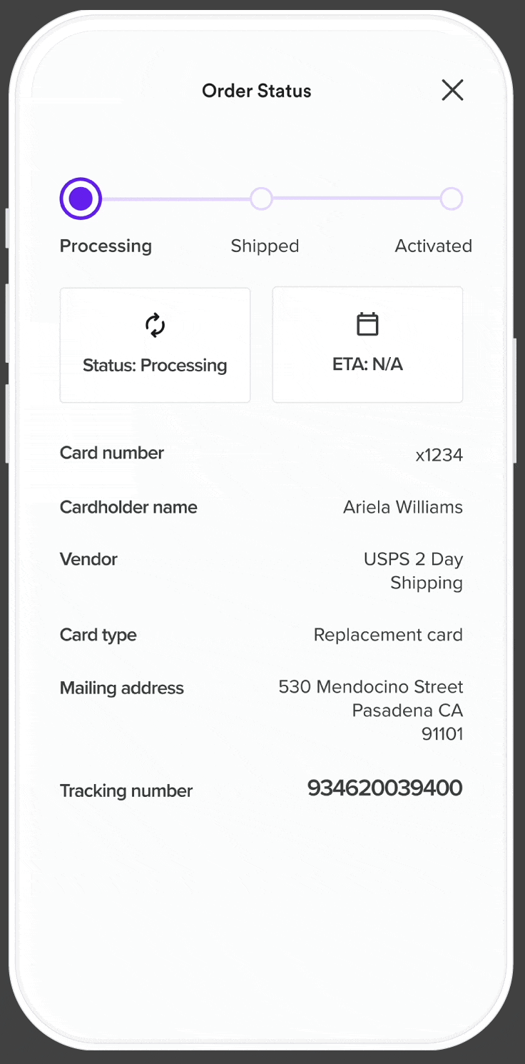Order status page with a Processing, Shipped, Activated tracker, card details, vendor and tracking number