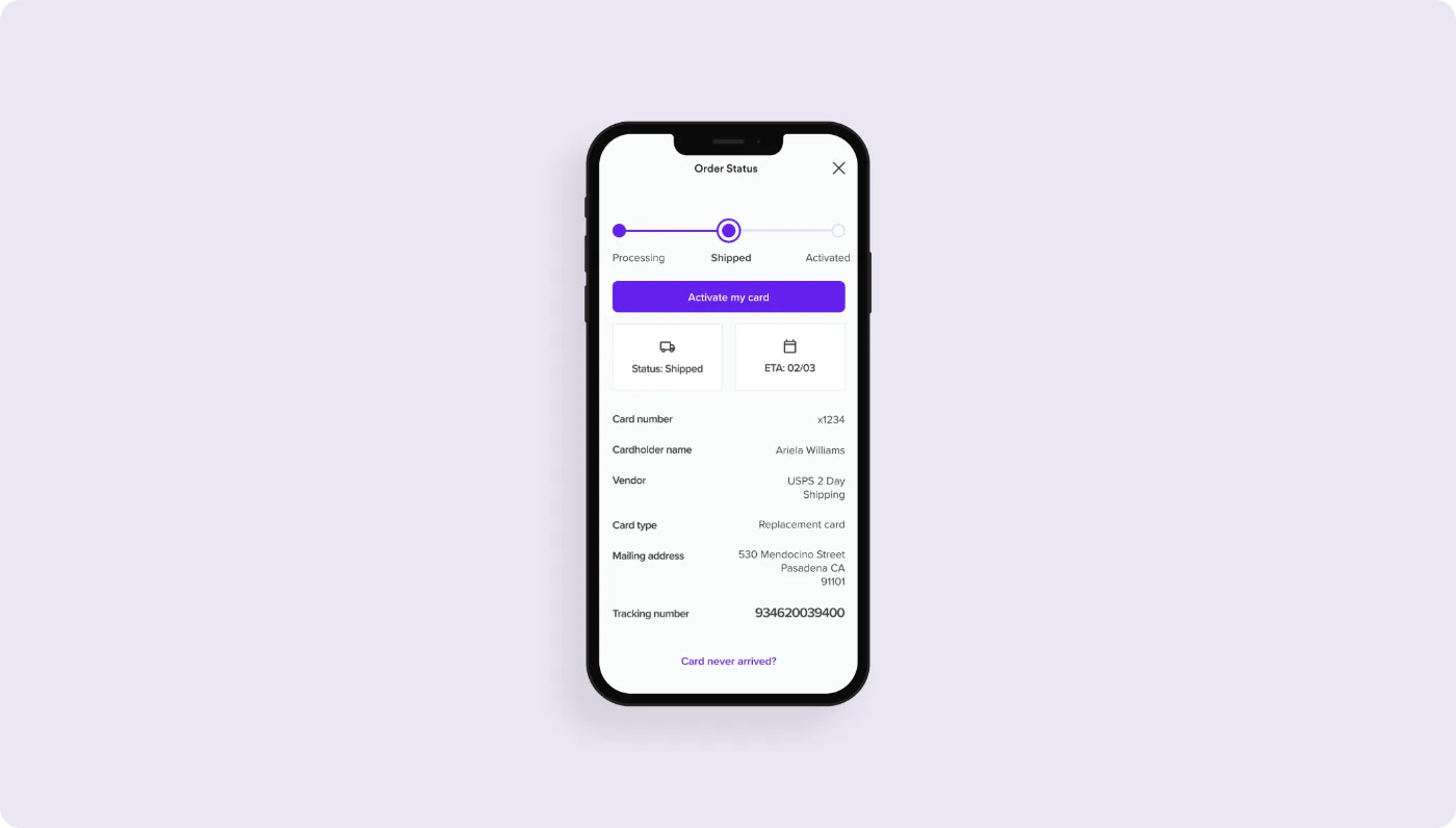 myWisely order status screen with a shipping progress tracker and an Activate my card button
