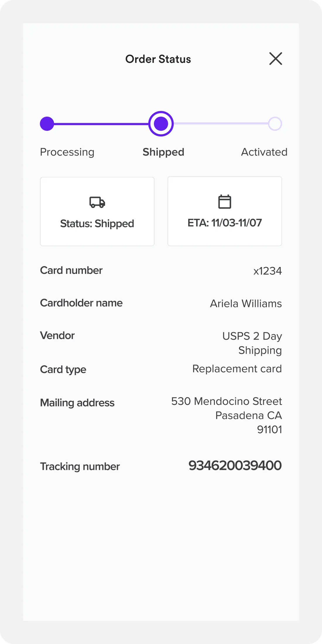 Order status screens showing how the flow adapts when a card ships through USPS