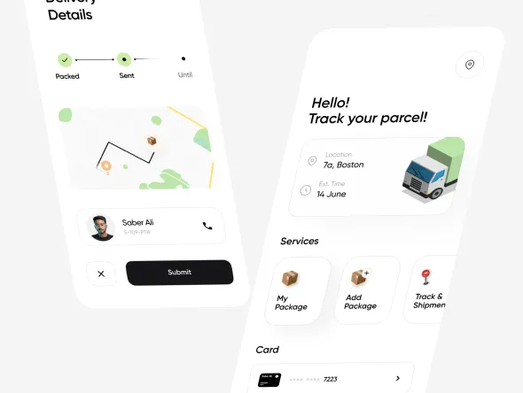 Delivery tracking app concept with a map, courier details and parcel progress