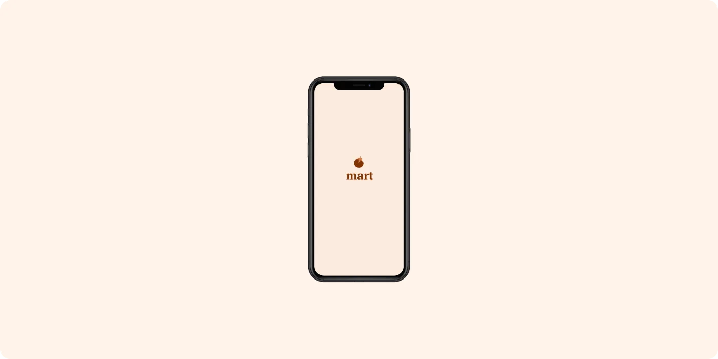 Mart app splash screen on a phone, with the Mart logo on a peach background
