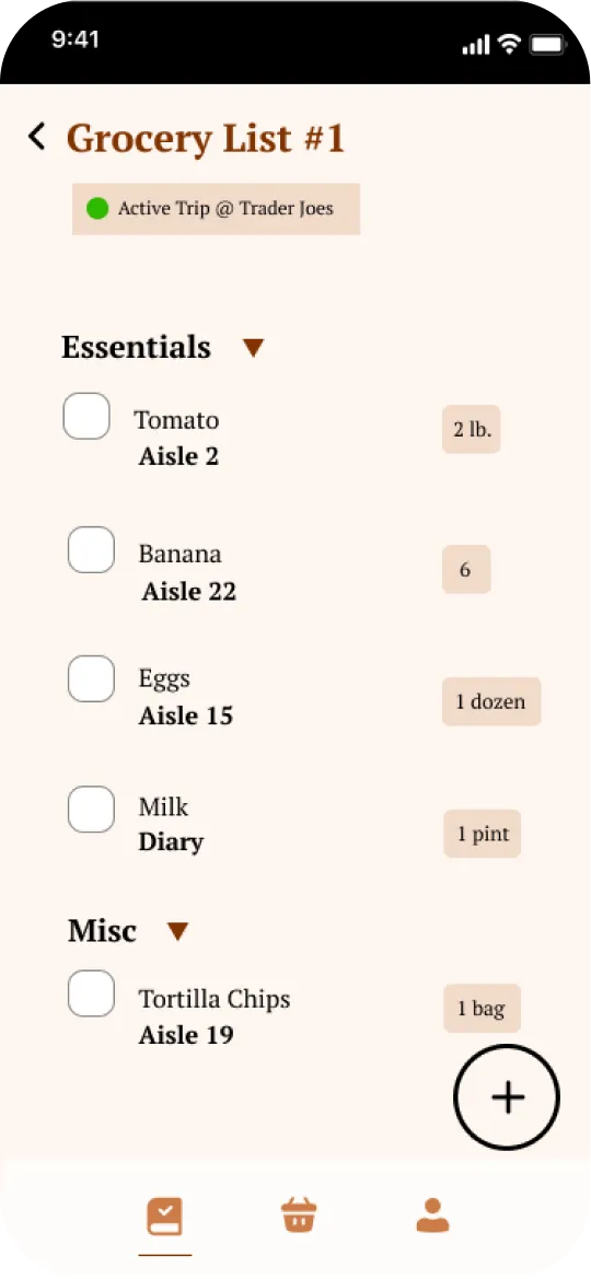Grocery List #1 with items grouped by category, each showing its aisle number