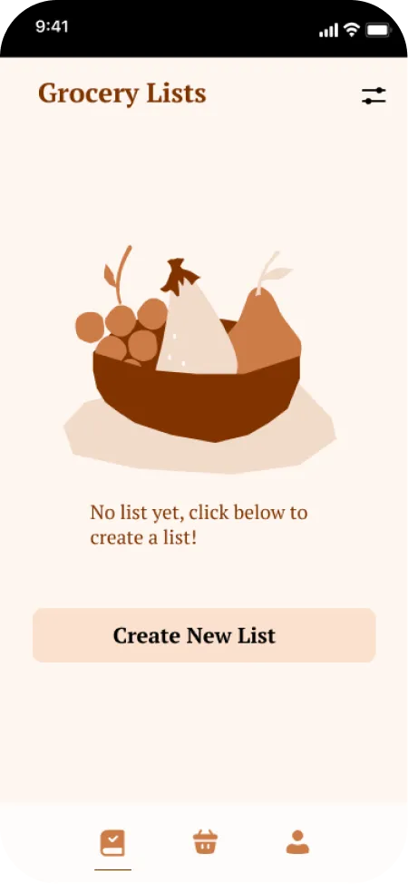 Empty grocery lists screen with an illustration of a basket and a Create New List button