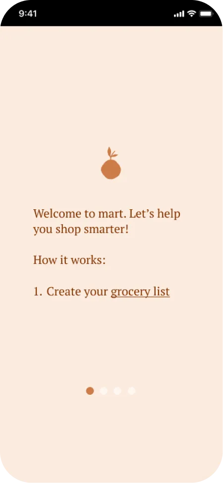 Mart onboarding screen welcoming the user and explaining how to create a grocery list