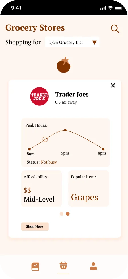 Grocery stores screen showing a Trader Joe’s profile with peak hours, affordability and popular items