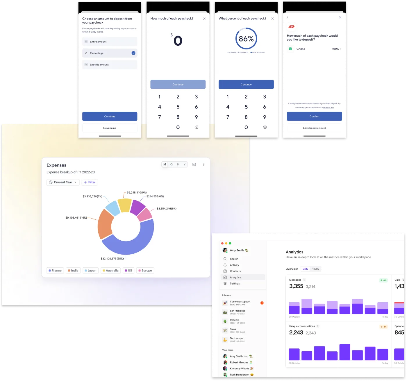 Competitor references: finance dashboards with donut charts and bar graphs, and Chime's partial direct deposit screens