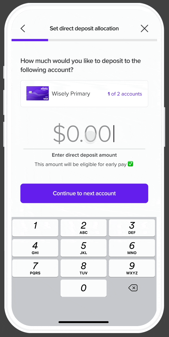 Allocation screen entering a dollar amount of $0.00 for Wisely Primary with a number keypad
