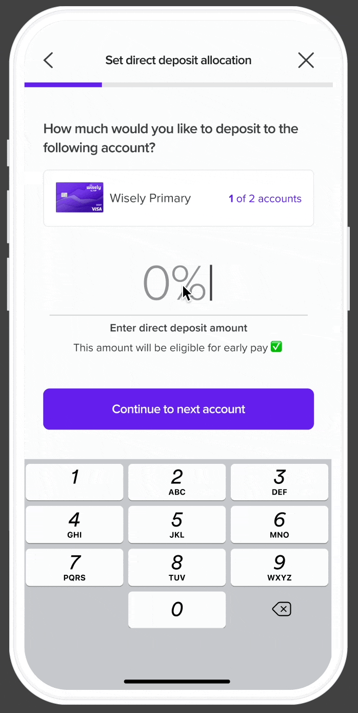 Allocation screen entering a percentage for Wisely Primary with a number keypad