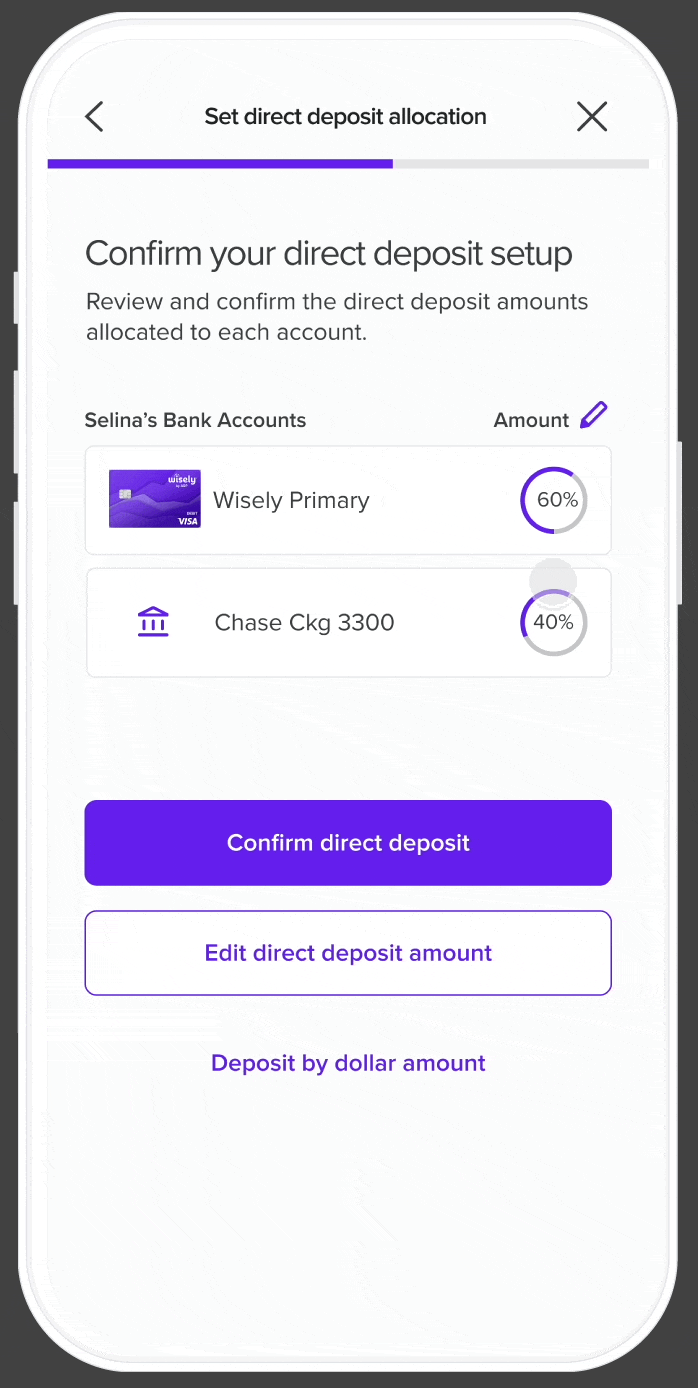 Confirmation screen listing both accounts with pie chart icons showing each account's share of pay