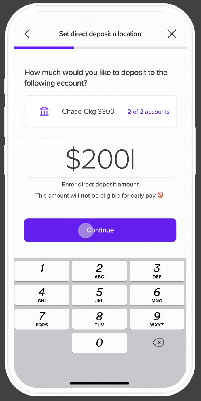Allocation screen entering $200 for a Chase checking account, with a note on which account receives remaining pay