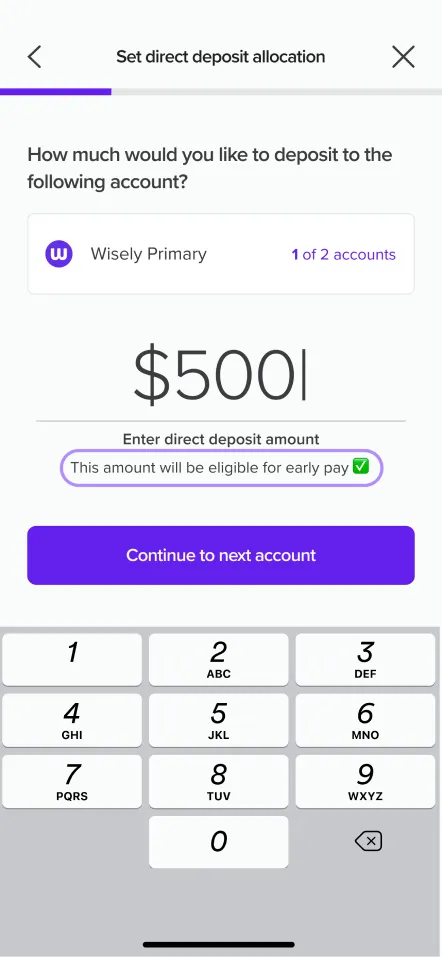 Amount entry screen with helper text noting early pay is only available for Wisely accounts