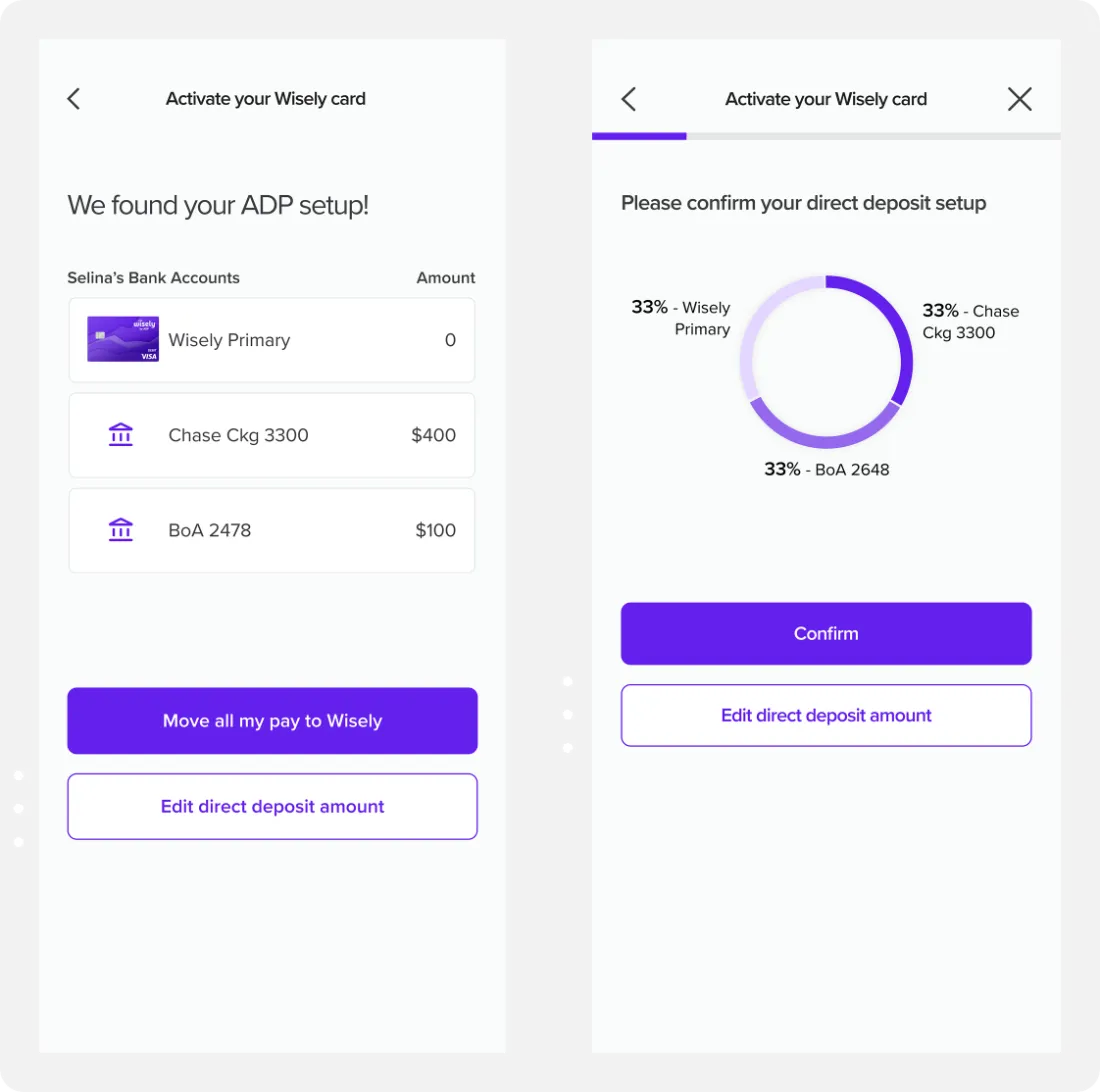 Before and after: the introductory and confirmation screens, each with an edit direct deposit amount button
